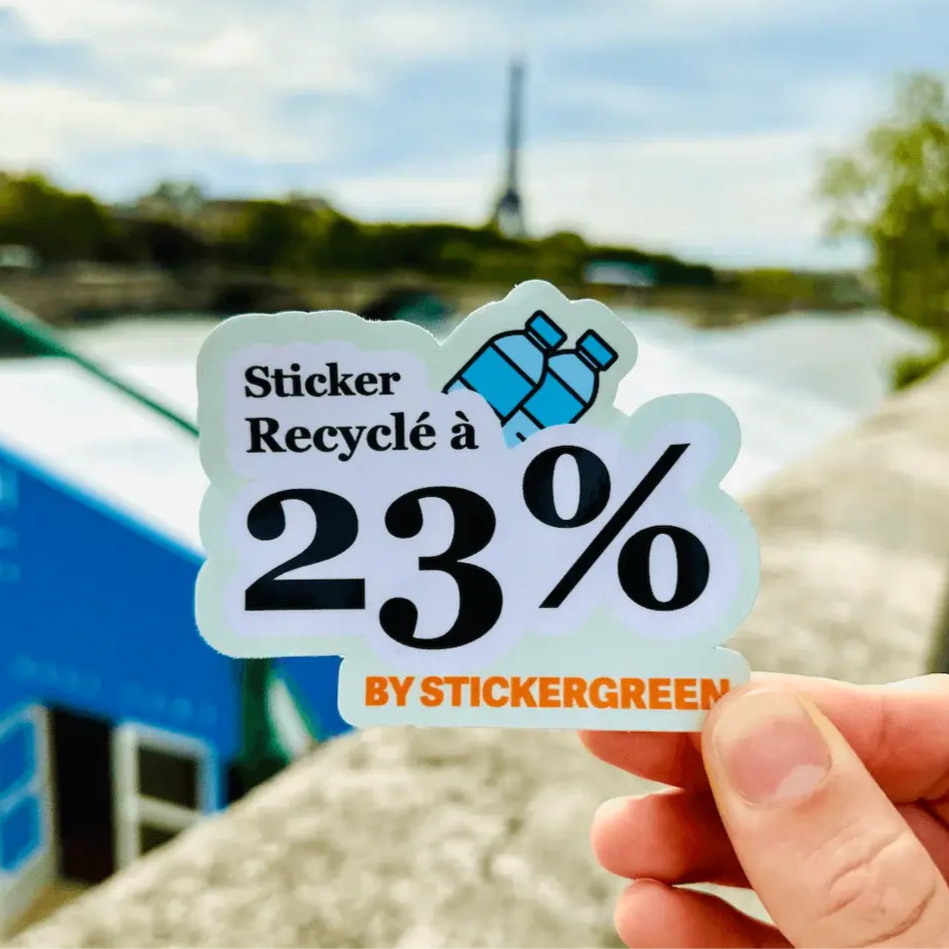 sticker personnalisé montrant 23% recyclé de StickerGreen