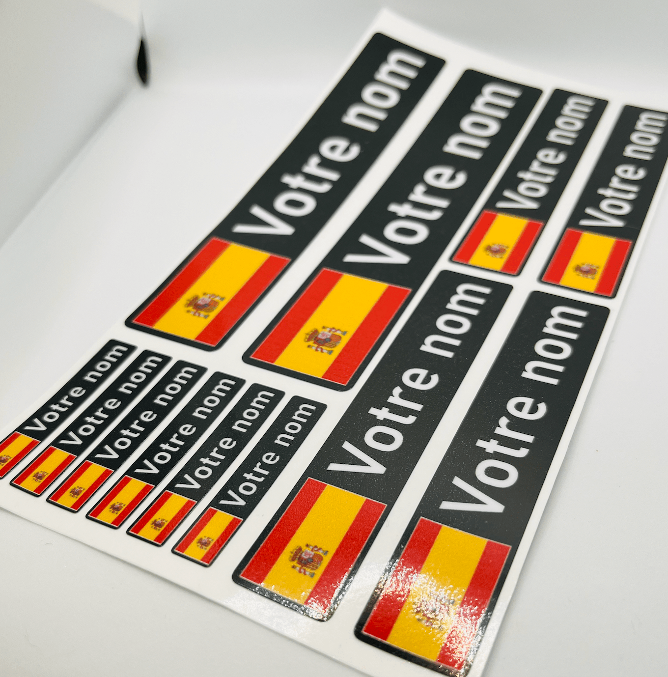 Pack x12 Stickers Espagne noir Nom prénom vélo casque sticker autocollant personnalisé