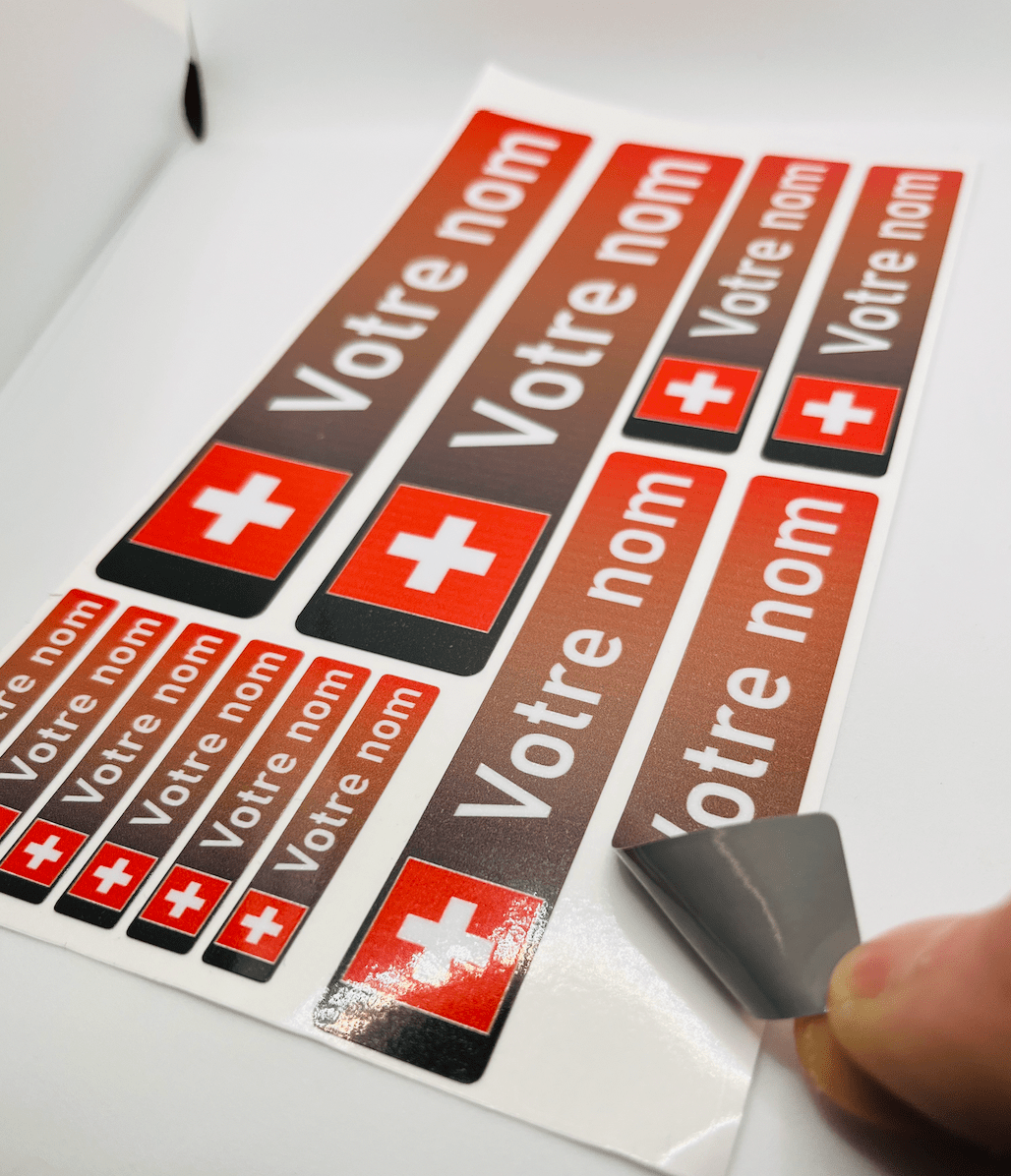 Pack x12 Stickers Suisse couleurs Nom prénom vélo casque sticker autocollant personnalisé