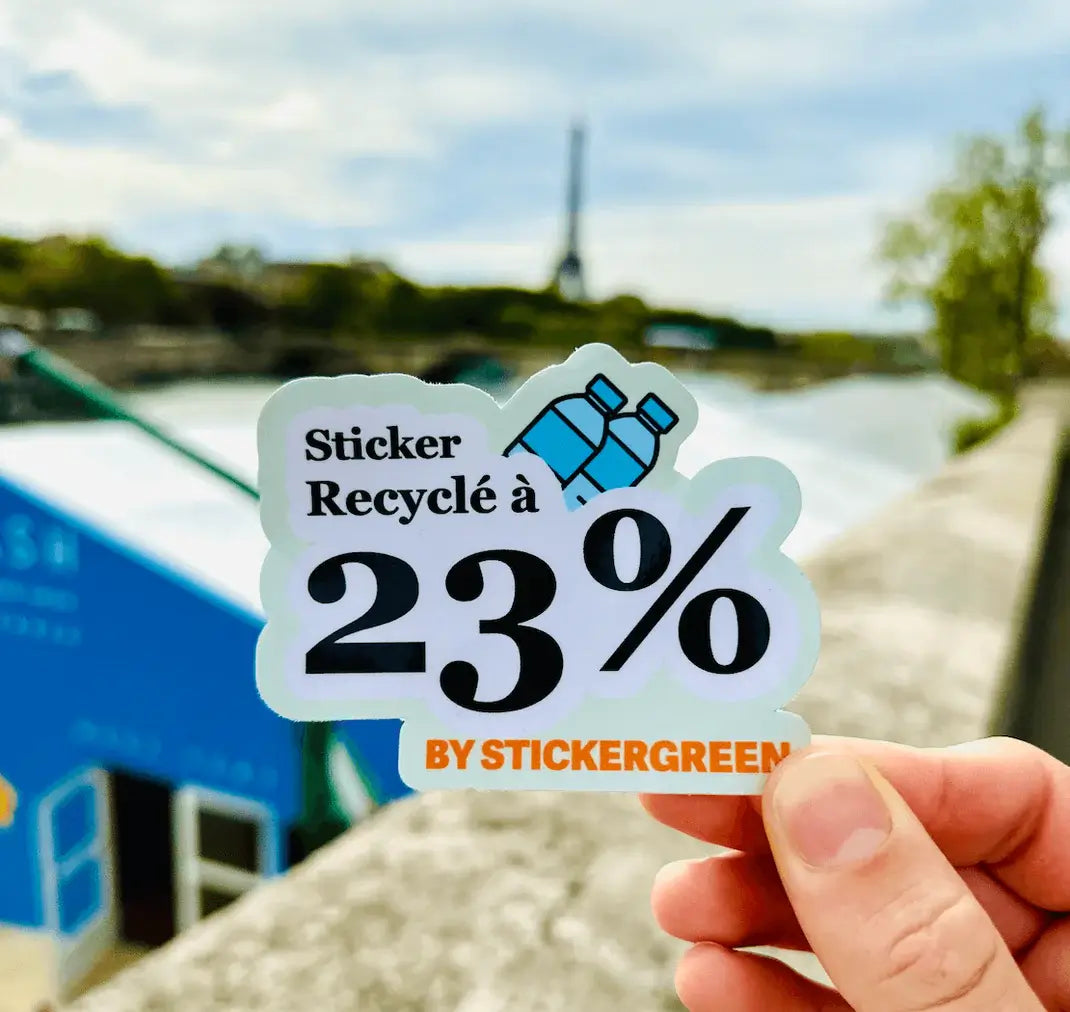 sticker personnalisé montrant 23% recyclé de StickerGreen