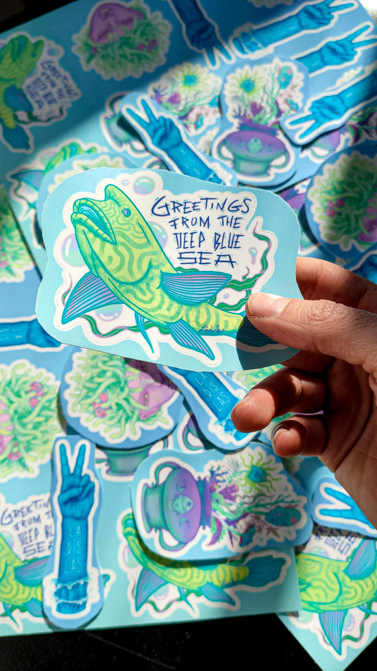 Sticker sur mesure d'un illustrateur très coloré principalement bleu