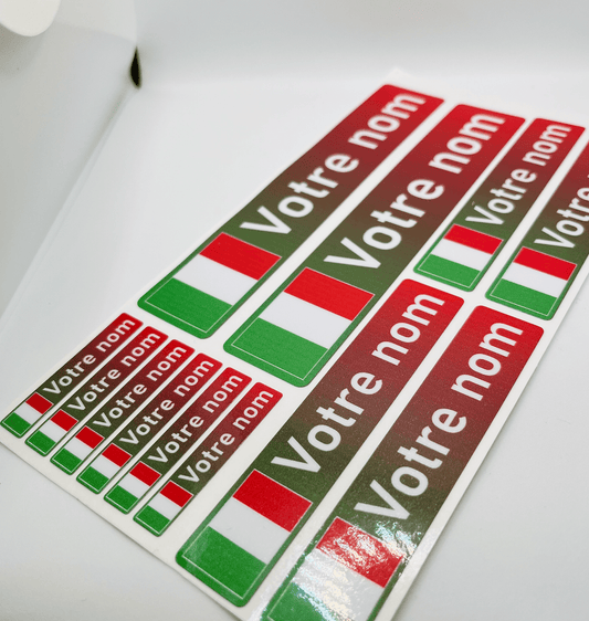 Pack x12 Stickers Italie couleurs Nom prénom vélo casque sticker autocollant personnalisé