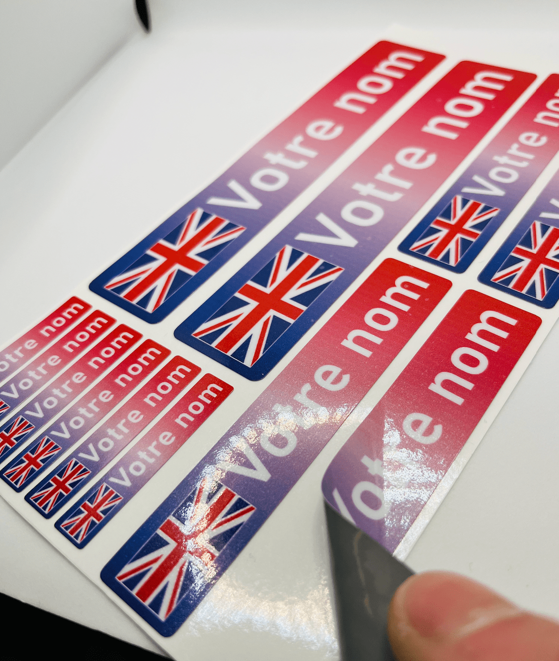 Pack x12 Stickers Royaume unis UK couleurs Nom prénom vélo casque sticker autocollant personnalisé