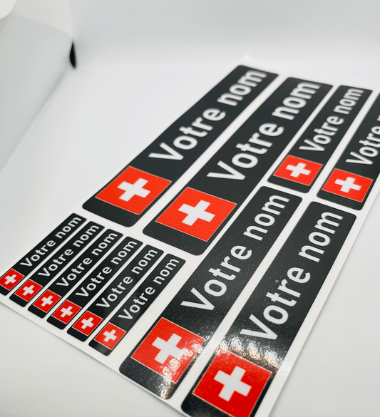 Pack x12 Stickers Suisse noir Nom prénom vélo casque sticker autocollant personnalisé